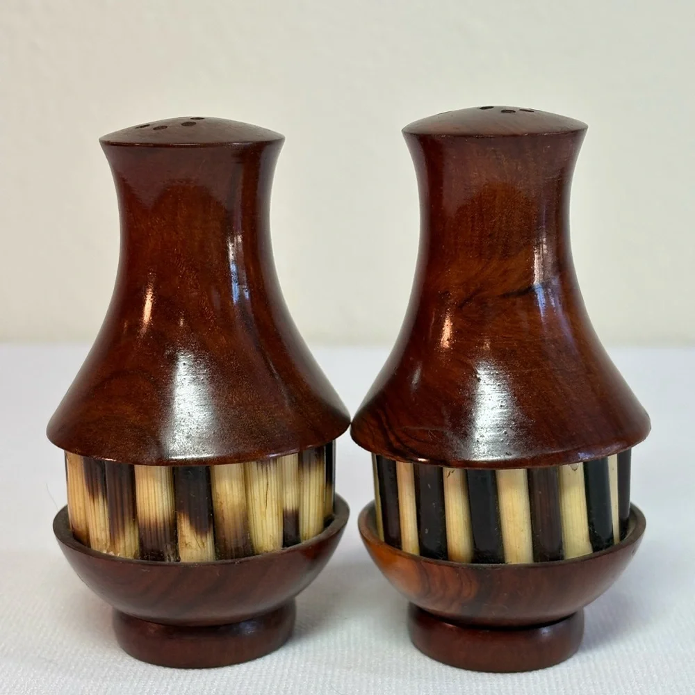 Vintage African Olive Wood and Porcupine Quill Salt Pepper Toothpick Set MCM